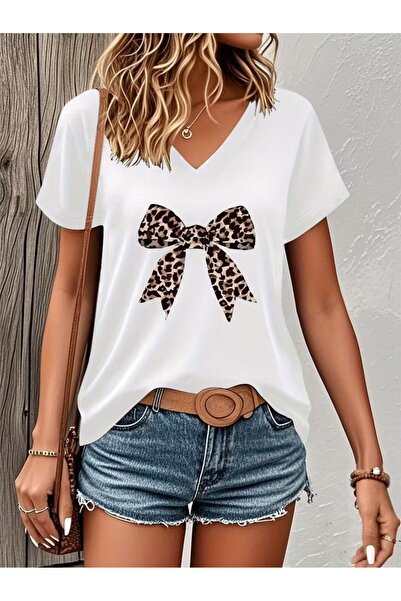WOODROFFE Women's V-Neck Leopard Bow Printed T-Shirt Oversized Loose