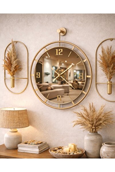 Mgs DUVAR SAATİ-WOODY GOLD BRONZ TÜRK SET AYNALI SAAT NOT-PAMPASLAR DAHİL DEĞ...