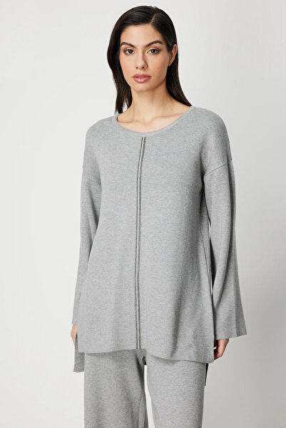 ON TRİKO Pulover lung din tricot cu broderie cu pietre în față 63320