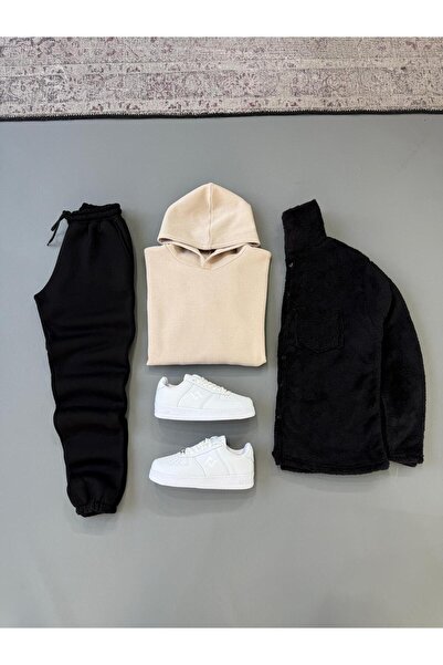 Baycombine35 Moda Unisex 3 Yarn Shar Fleece-Lined Em Sweat Black Tracksuit Bl...