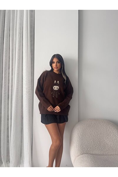 MODA Women's Crew Neck Character Embroidered Knit Sweater