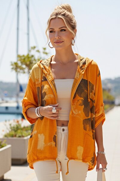 Chiccy Italian Orange Buttoned Long Sleeve Pocketed K Hooded Zippered B Print...