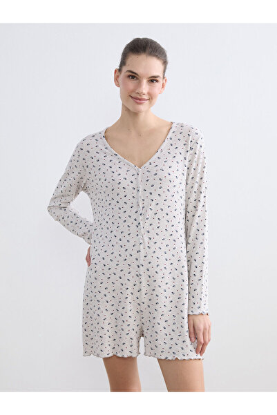 LC Waikiki Bej V Yaka Çiçekli Kadın Şortlu Uyku Tulumu