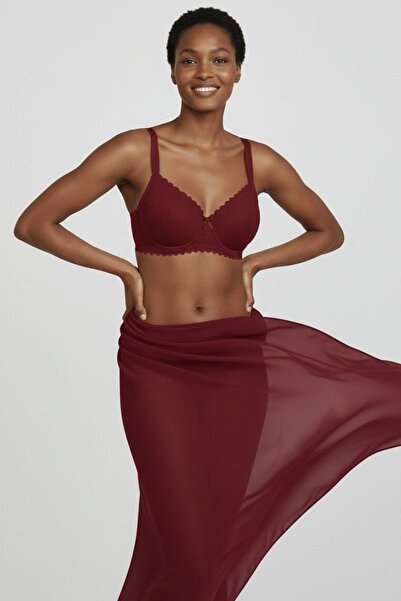 Infaith Burgundy Geometric Patterned Lace Supported Underwire Shaping / Sculp...