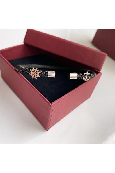 simurg jewellery Gümüş Dümen ve Çapa Logolu Siyah Çelik Bileklik