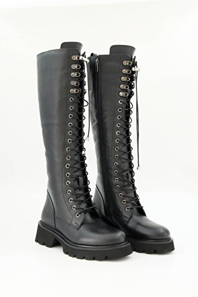 Jande حذاء طويل نسائي برباط من الجلد الطبيعي باللون الأسود