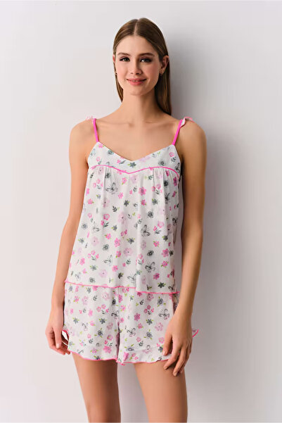 DREAM FASHION Ecru Patterned Flight Tank Top Shorts Pajama Set