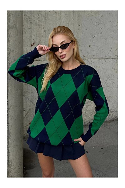 Askı Nişantaşı Tricotaje supradimensionate cu model baklava, verde-albastru m...