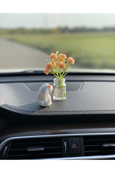 Vira Rise Sevimli Mini Tavşan ve Turuncu Çiçekli Vazo Minyatür Araba Torpido ...