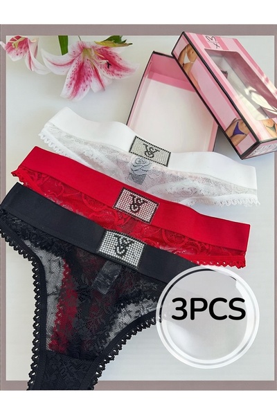SATTENS 3-Pack Lace Panties Thong with Stone Details