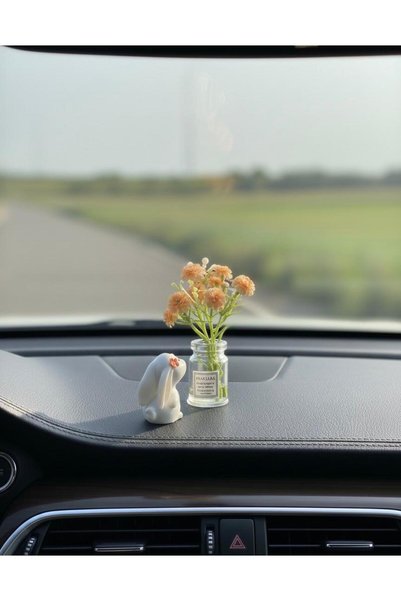 Vira Rise Cute Mini Rabbit and Orange Flower Vase Miniature Car Glove Box Accessory Home Decoration Ornament