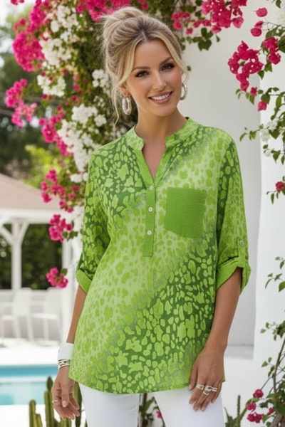 Chiccy Ιταλική μπλούζα από βισκόζη με πράσινο γιακά με κουμπιά, μανίκια 3/4, ...