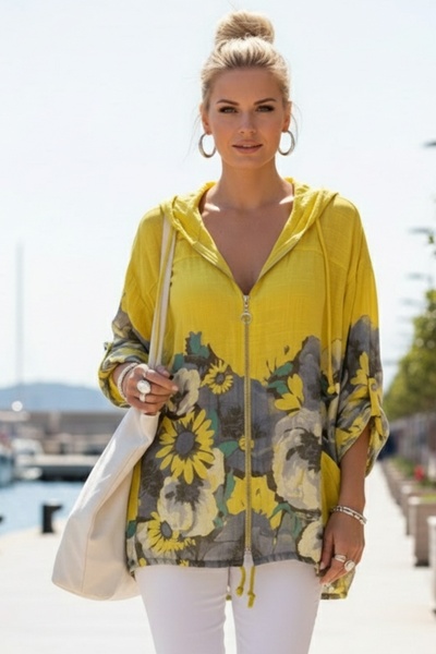 Chiccy Italian Yellow Buttoned Long Sleeve Pocketed K Hooded Zippered B Print...