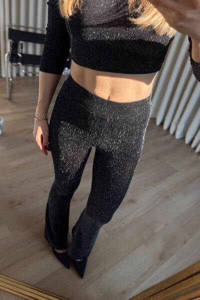 Sue Store Black Glitter High Waist Flare Pants