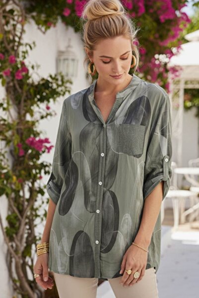 Chiccy Bluză casual din viscoză, kaki italiană, cu guler, cu nasturi, mâneci ...