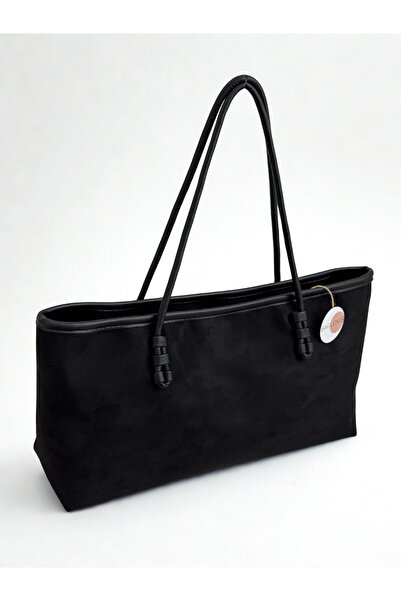 BAGLOVİS Classic Medium Size Suede Detail Black Women's Shoulder Bag En40 Boy20