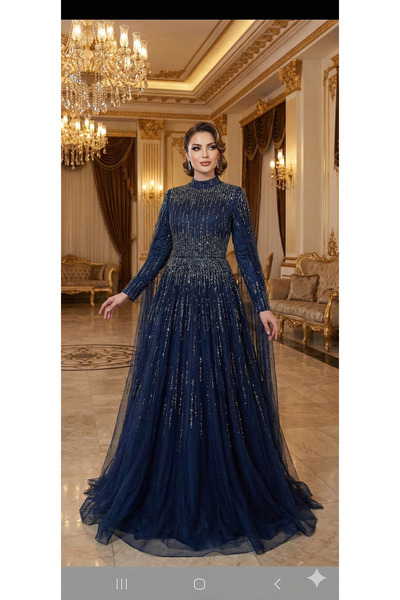 UZER Lacivert taş ve Payet İşlemeli Tül Kollu Abiye Elbise - Şık Tesettür -sö...
