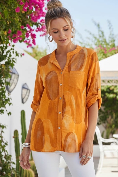 Chiccy Italian Orange Judge Collar Buttoned 3/4 Sleeve Geometric Pattern Sequ...