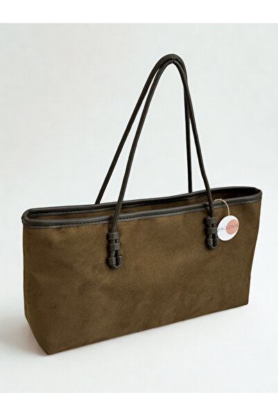 BAGLOVİS Classic Medium Size Suede Detail Khaki Women's Shoulder Bag En40 Boy20