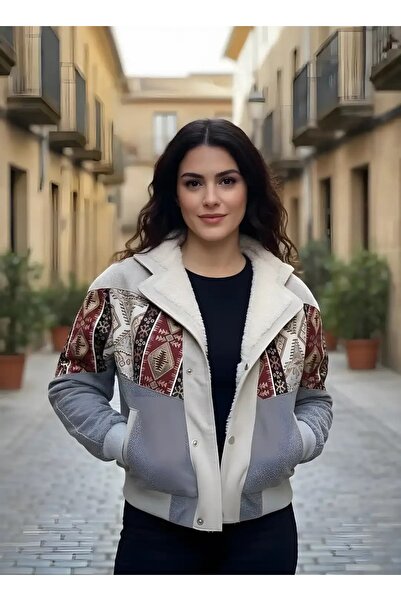 CANMODA (7765) Recien Unisex Kürklü Yaka Vintage Aztek Ceket Oversize 90lar M...