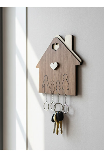 Piproject حامل مفاتيح خشبي مزخرف للحائط بتصميم منزلي - منظم مفاتيح بـ 4 علاقات