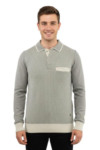 Çizgi Triko Men's Polo Neck Sweater with Pockets Steel Knit Classic Fit 5208F...