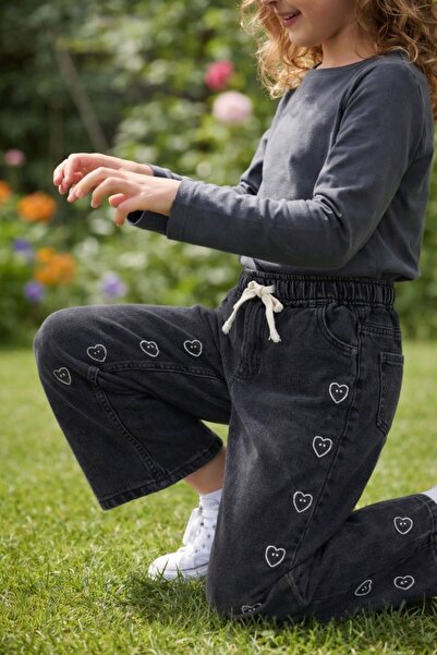 nazarbebe 6-15 Years Old Girls' Jeans – Elastic Waist, Lace-Up, Heart Embroid...