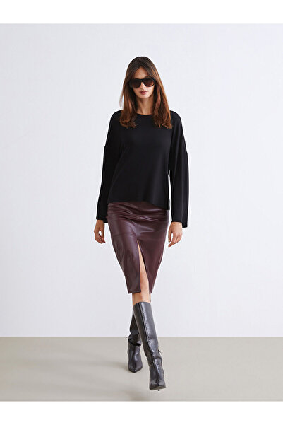 LC Waikiki MG TREND'EN Bordo Beli Fermuarlı Deri Görünümlü Kalem Etek