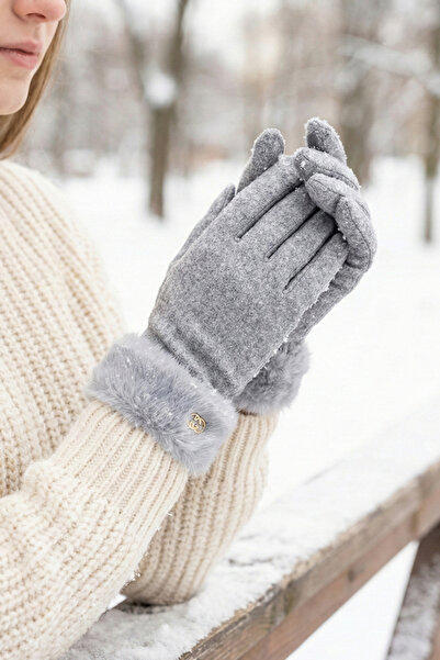 Kapin Gray Fur High-Finger Touchscreen Gloves