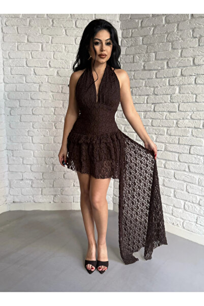 moneta boutique Women's Pleated Halter Neck Buttoned Mini Lace Dress with Sho...