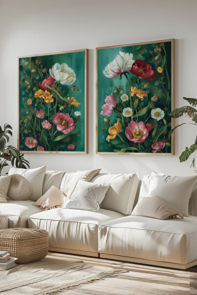 STARYUNA Set de pictură dublă cu cadru din lemn, fundal verde și flori Yuna480