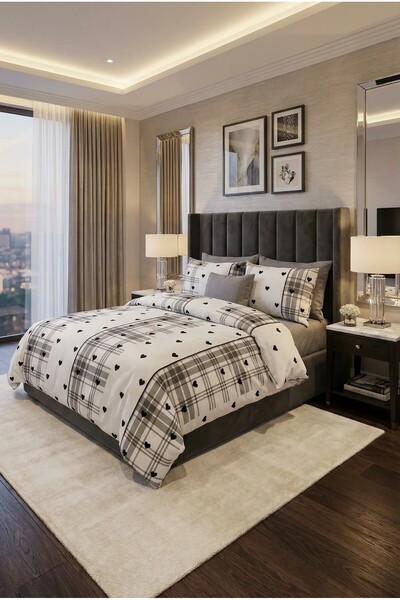 serelya Σετ Παπλωματοθήκης Διπλό - Σχέδιο Καρδιάς - Με Ελαστικό Σεντόνι - Ύφα...