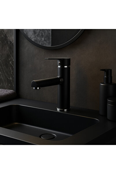 banyosepeti خلاط حوض لوكس لاين باللون الأسود غير اللامع - حديث، يعمل بزر واحد...