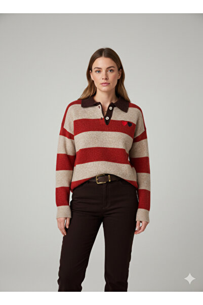 Trendalya Yumuşak Dokulu Kalp Detaylı Polo Yaka Triko Kazak