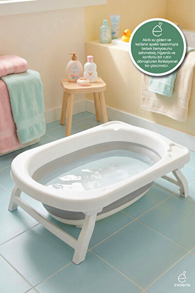 EVONİTA Katlanabilir Ayaklı Bebek Küveti 76x48x25 cm – Portatif Katlanır Bebe...