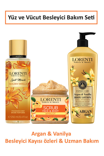 LORENTİ Argan & Vanilya Yüz ve Vücut Besleyici Bakım Seti – Peeling + Vücut L...