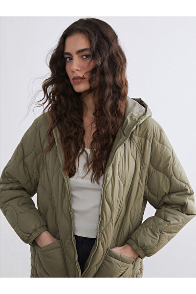 LC Waikiki Khaki Hooded Quilted Women's Puffer Coat