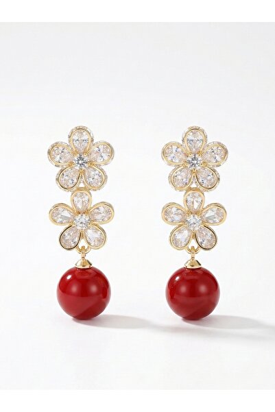 Snartun Burgundy Ball Dangle Gold Women's Earrings with Flower Detail |   Sil...