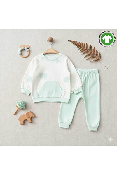 The Nest Kids طقم ملابس أطفال يومي من القطن العضوي الفاخر بنقشة الفيل من مينت...
