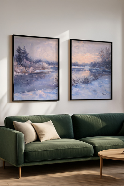 STARYUNA Black Wooden Framed Oil Painting Effect Pastel Toned Winter Scenery ...