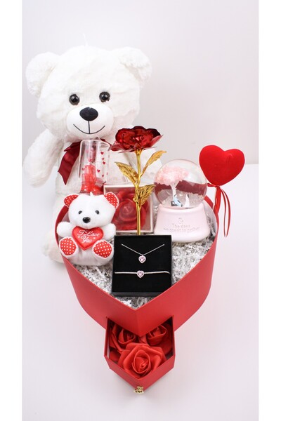 TREND ROBO Sevgiliye Özel Kırmızı Kalp'li Ayıcık'lı Hediye Kutusu-925 Ayar Gü...