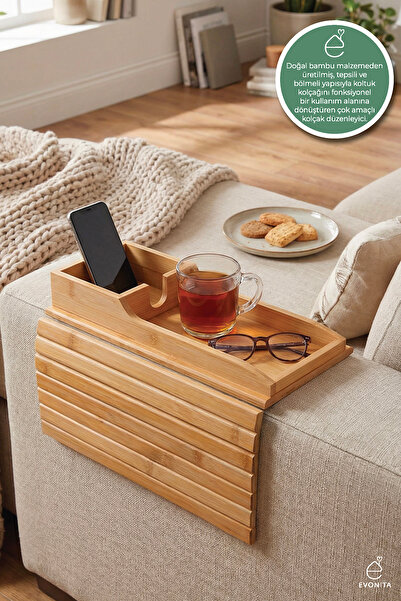 EVONİTA Doğal Bambu Kolçak Düzenleyici Tepsili Model | 42x35 cm Kaymaz Tabanl...