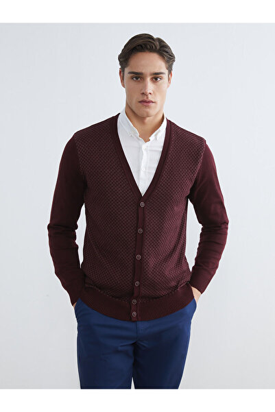 LC Waikiki Mg Trenden Plum Standard Fit V-Neck Men's Knitwear Cardigan