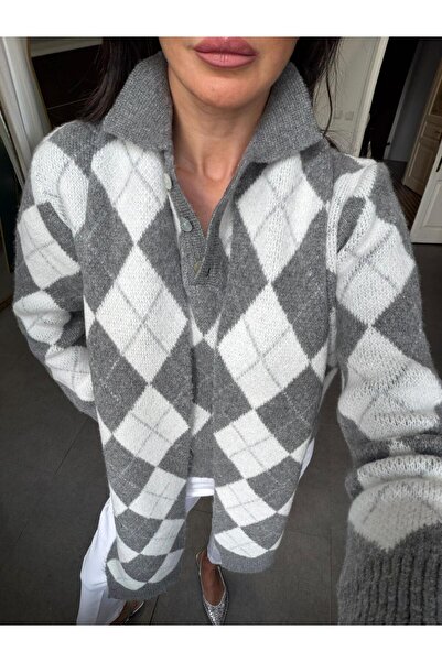 CADDELAMODA Polo Collar Baklava Pattern Premium Soft Scarf Sweater Set