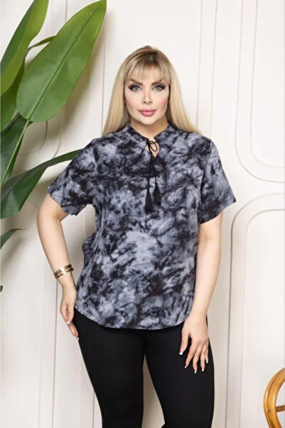 buğrahayalin Patterned Tasseled Viscose Blouse Peter Pan collar Short Sleeve ...