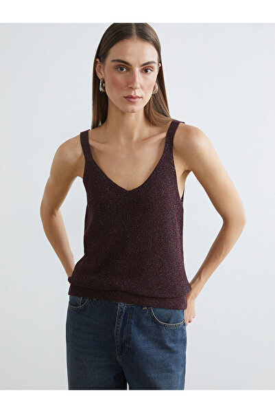 LC Waikiki Bordo V Yaka Parlak Görünümlü Kadın Triko Atlet