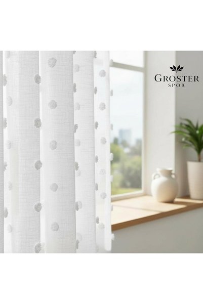 GROSTER SPOR Pompom (Flower Detail) Linen Premium Quality Textured 1/3 Dense Pleated Tulle Curtain Heavy Weight No Ironing Required