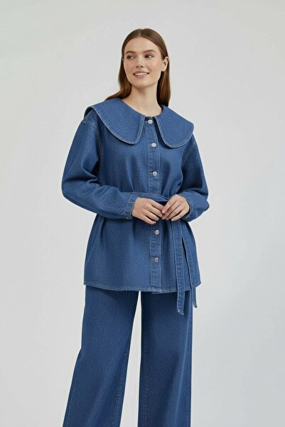 Molly Nelly Γυναικείο Σετ Παντελόνι Τζιν με Φαρδύ Γιακά και Ζώνη