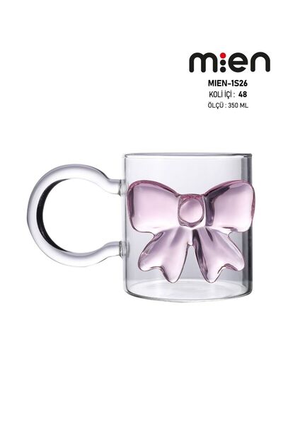 MİEN Bow Glass Cup, Pink Bow Glass Mug 350ml