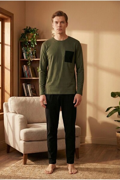 RAGİDE Men's Combed Cotton Khaki Long Pajama Set